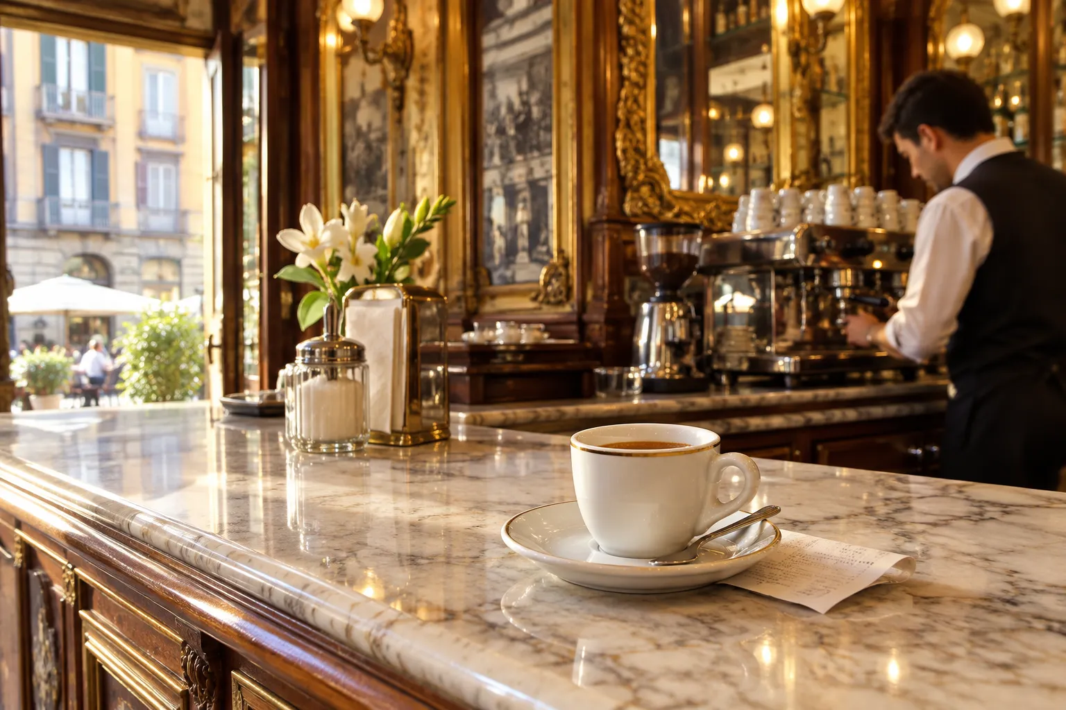 An espresso and a paper receipt on the marble counter of a historic café in Naples