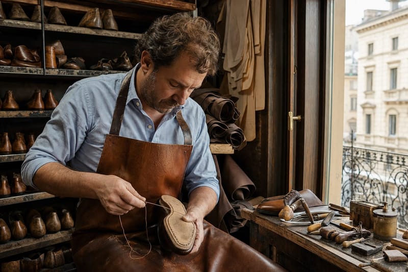 A shoemaker stitching the sole of a handmade brown shoe in a Milan workshop lined with wooden lasts