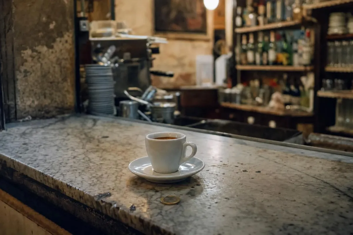A single white espresso cup waiting on the marble counter of a Naples café