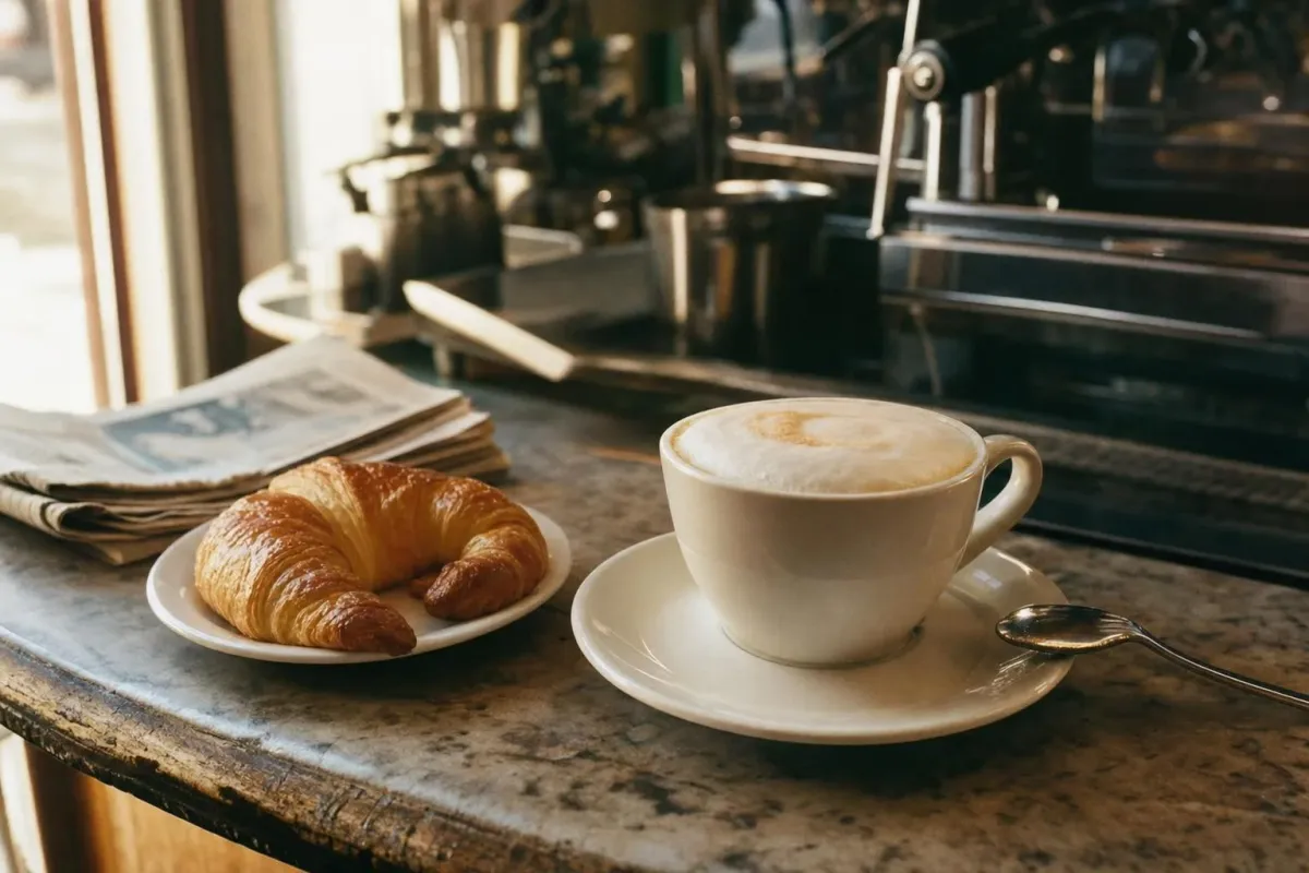 A cappuccino with milk foam and a golden cornetto on the marble counter of an Italian bar in the morning