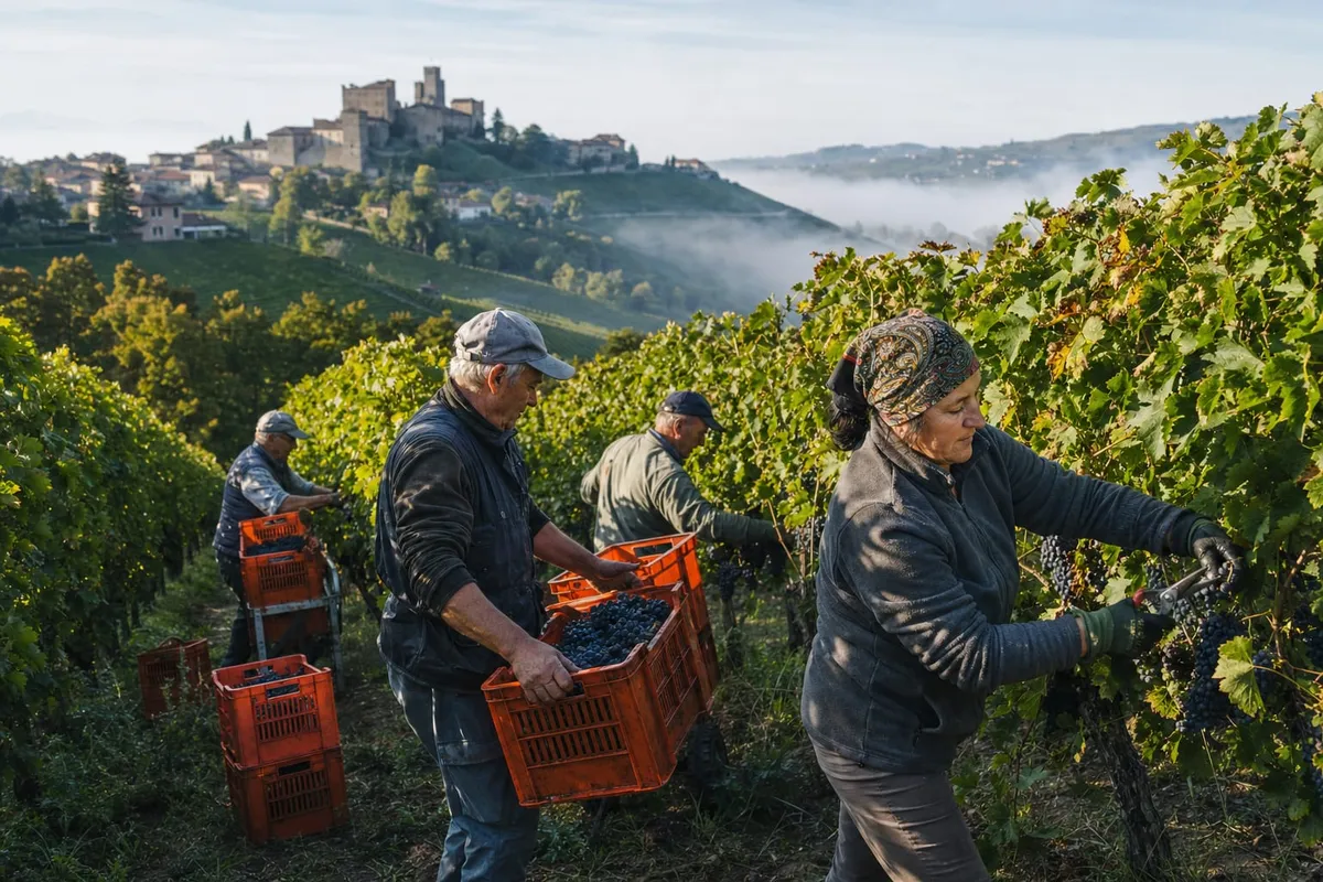 Pickers filling red crates with Nebbiolo grapes in a Serralunga d'Alba vineyard as morning fog lifts from the Langhe hills