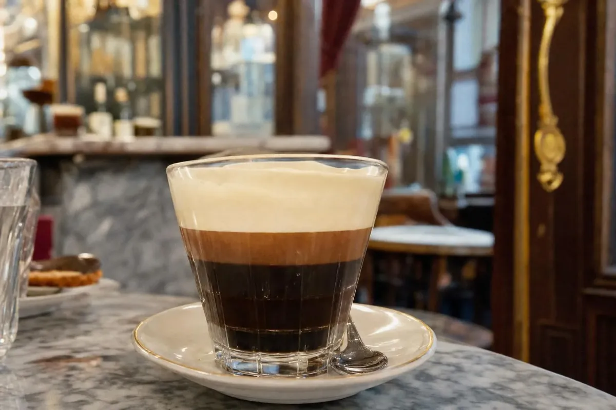 A Turin bicerin in a small glass showing layers of espresso, chocolate, and cream