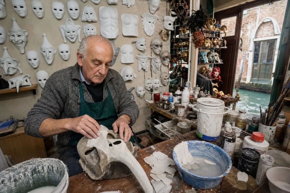A mask maker pressing papier-mâché into a mould for a long-nosed Venetian mask in a Cannaregio workshop beside a canal
