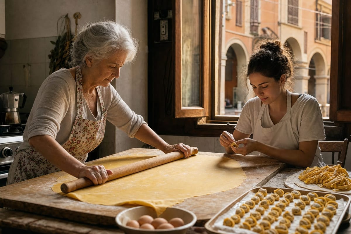 An elderly woman rolling a large thin sheet of egg pasta with a long wooden rolling pin while a young apprentice folds tortellini in a Bologna kitchen