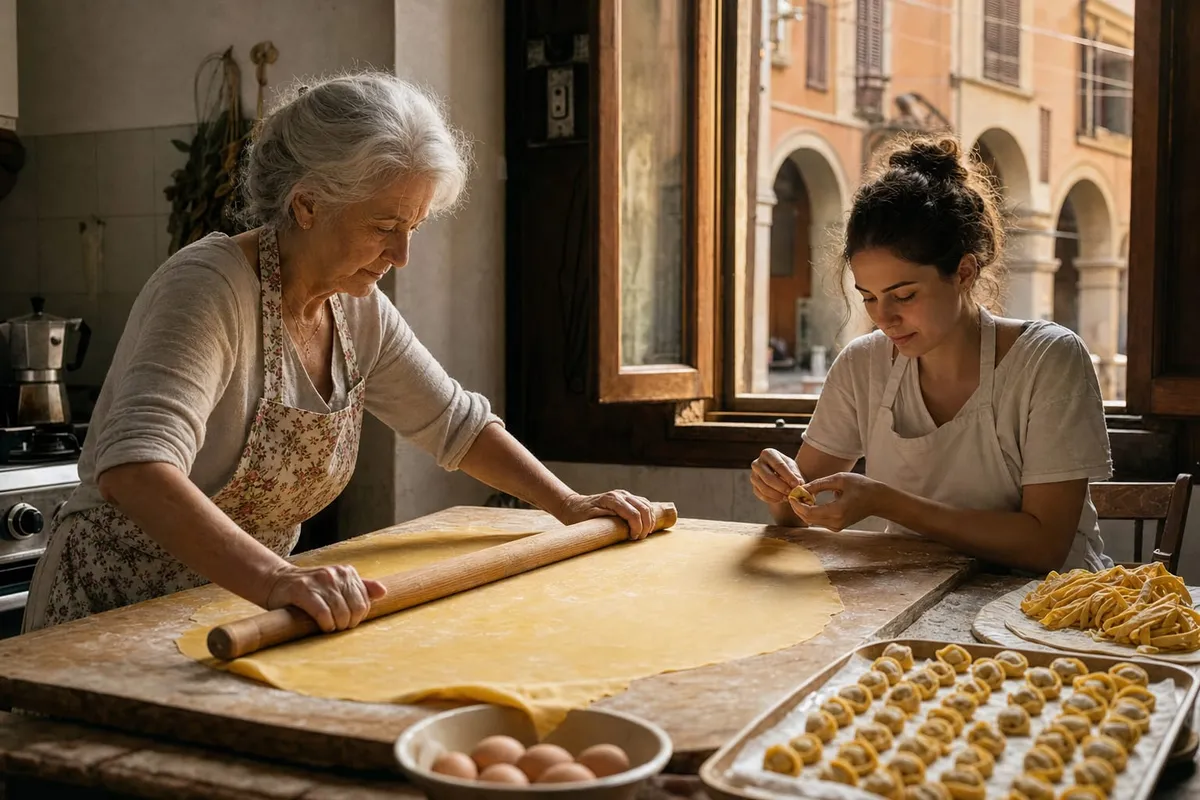 An elderly woman rolling a large thin sheet of egg pasta with a long wooden rolling pin while a young apprentice folds tortellini in a Bologna kitchen