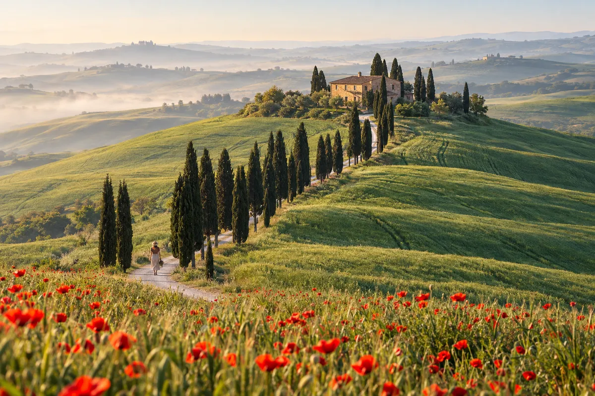 Green hills, cypresses and a farmhouse on a ridge in the Val d'Orcia in late May