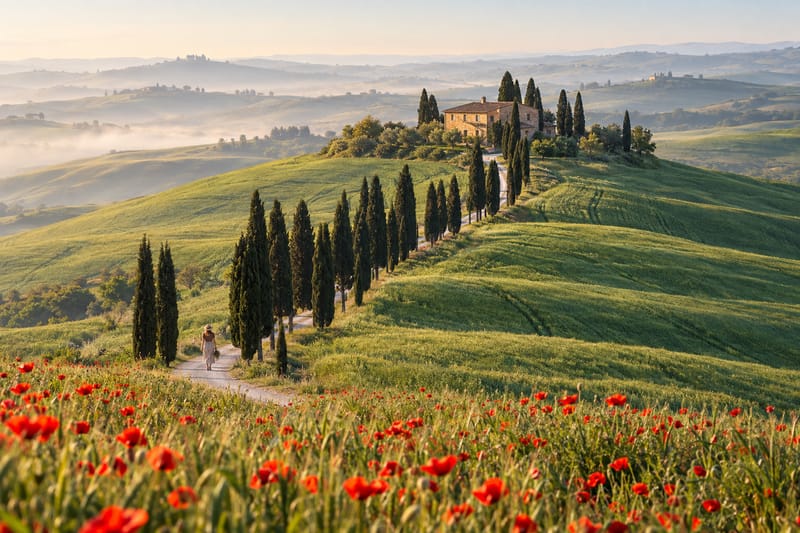 Green hills, cypresses and a farmhouse on a ridge in the Val d'Orcia in late May