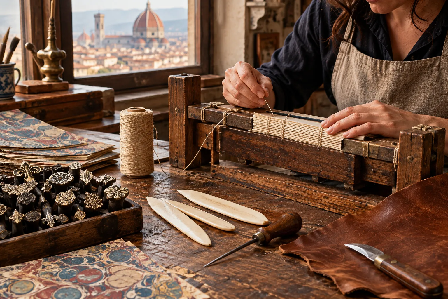 Bookbinding tools and marbled paper on a workbench in Florence