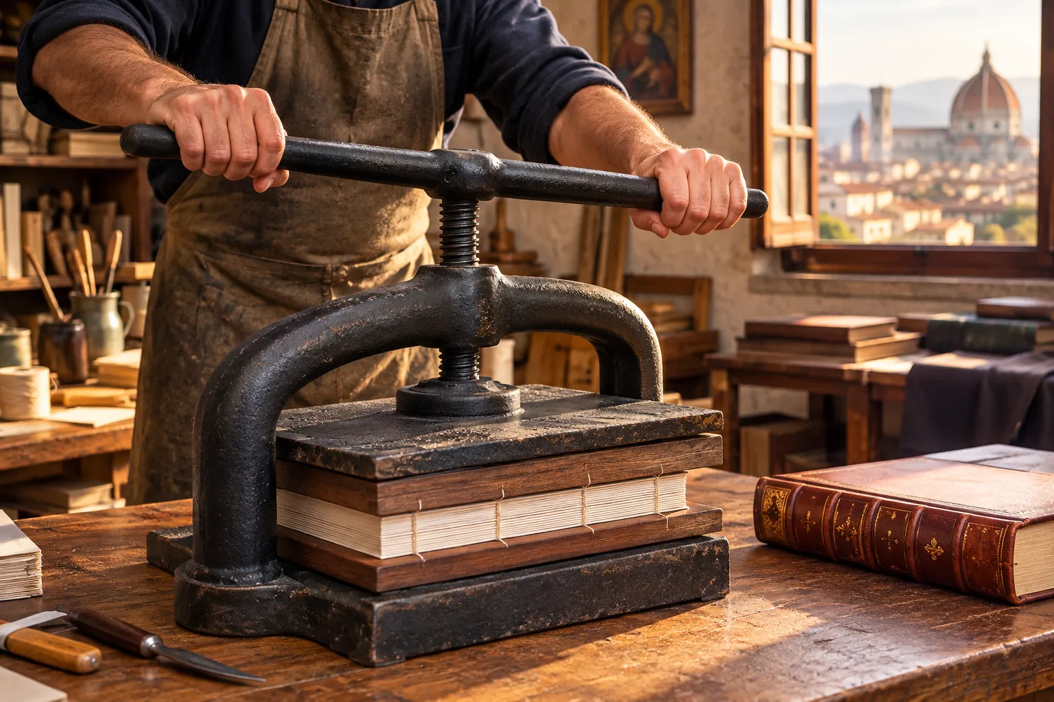 A newly sewn book in a cast-iron standing press in a Florentine bindery