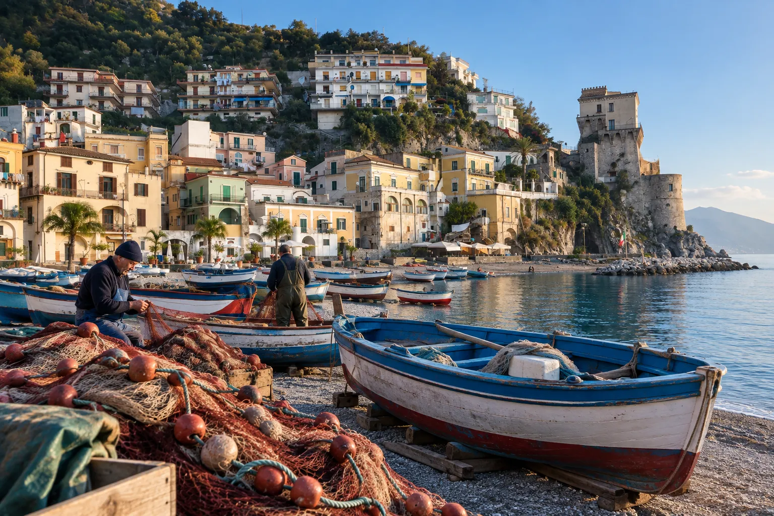 Fishing boats on the slipway of Cetara's harbour in the early morning