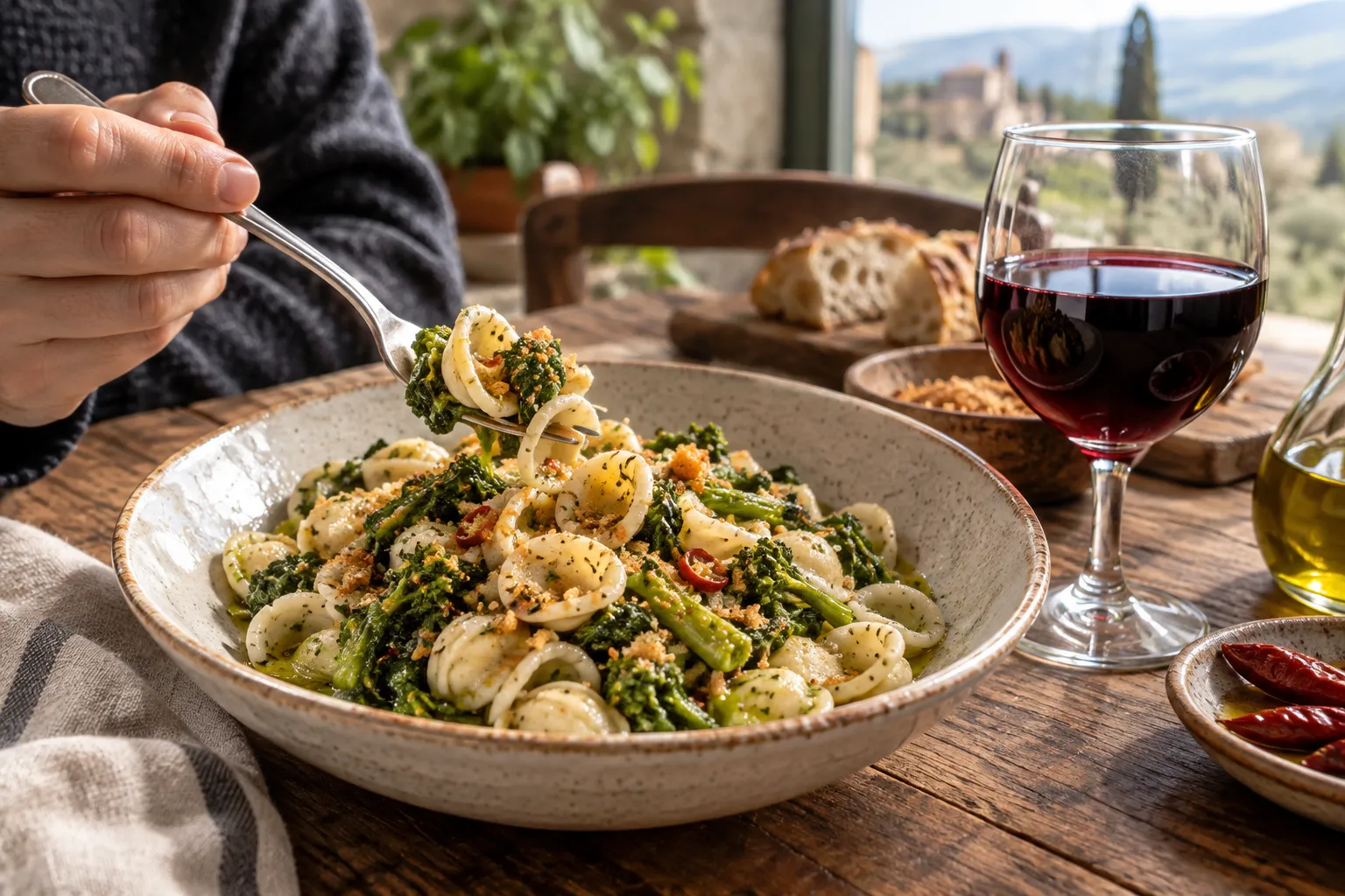 A bowl of orecchiette with cime di rapa and a glass of Primitivo