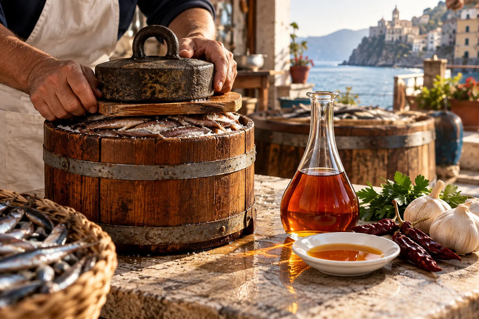 A chestnut barrel of salted anchovies beside a small bottle of colatura