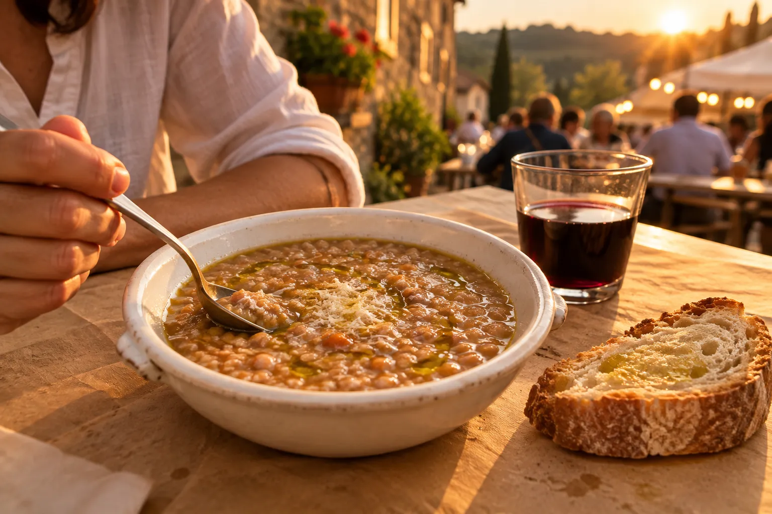 A bowl of zuppa di farro on a paper-covered sagra table