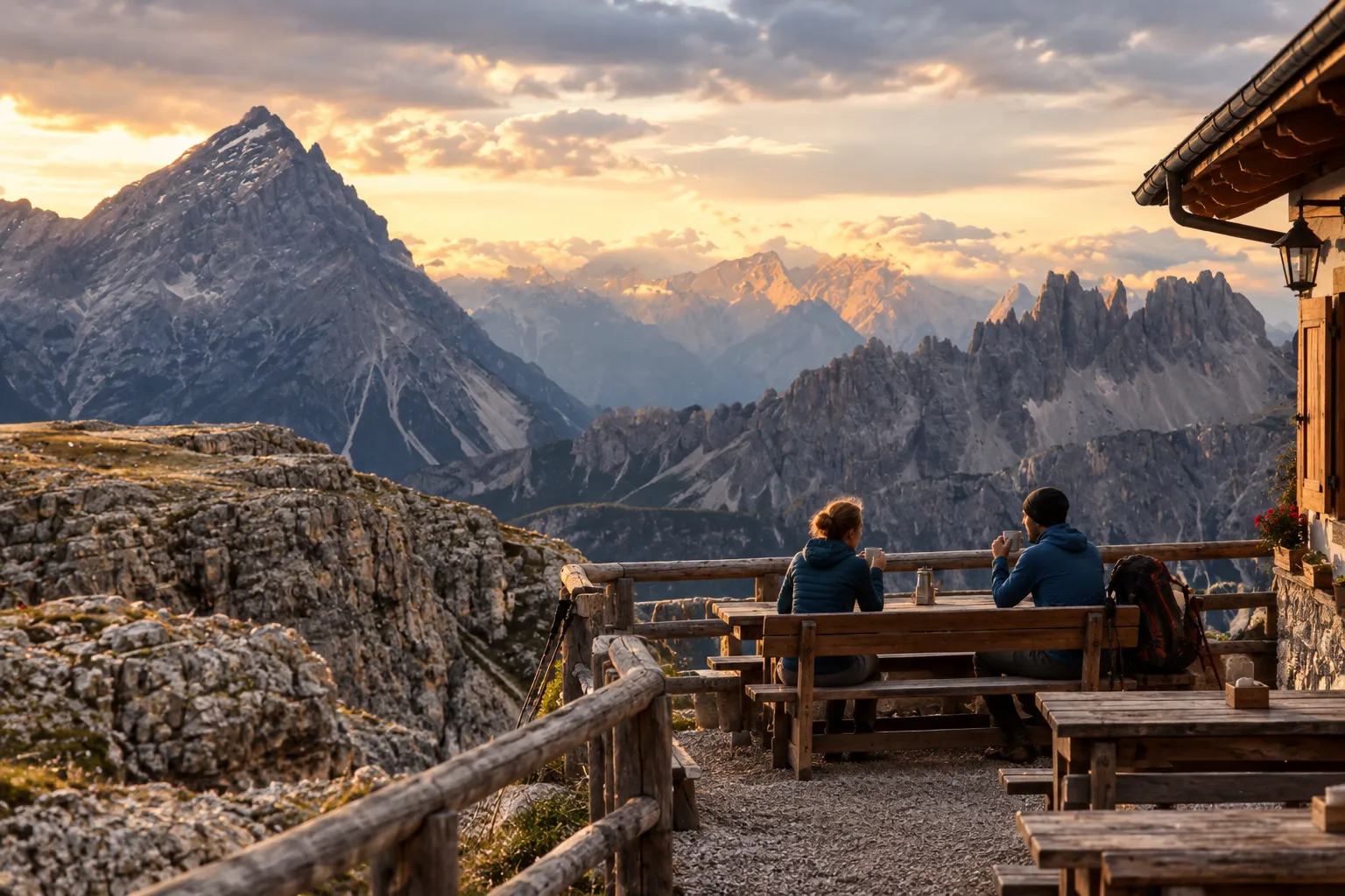 The terrace of Rifugio Lagazuoi at first light above the Dolomites