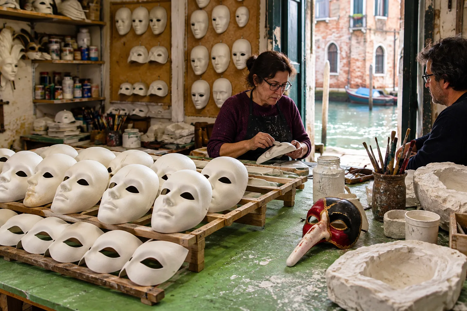 Blank papier-mâché masks drying on a workbench in a Venetian workshop