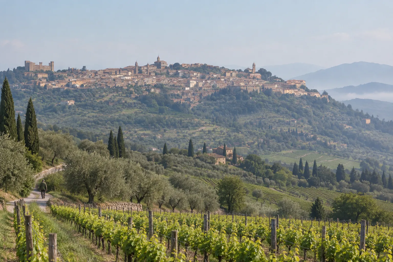 Montalcino and its fortress above rows of Sangiovese vines