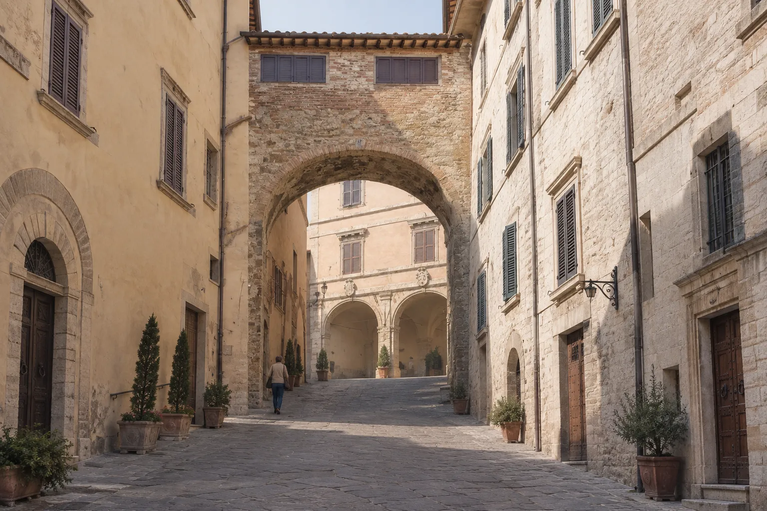 The main street of Montepulciano climbing between Renaissance palazzi
