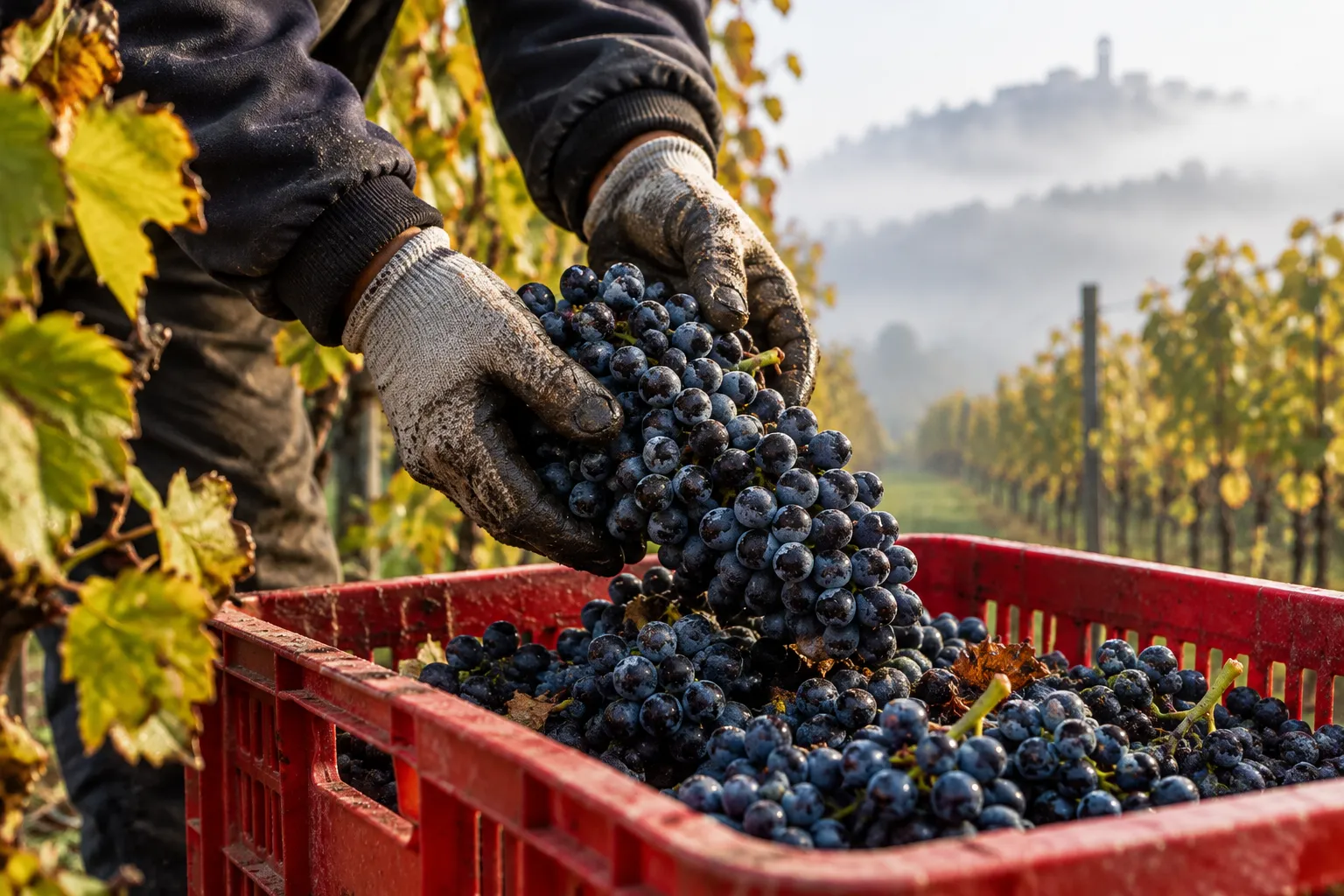 A picker's hands laying a Nebbiolo cluster in a harvest crate