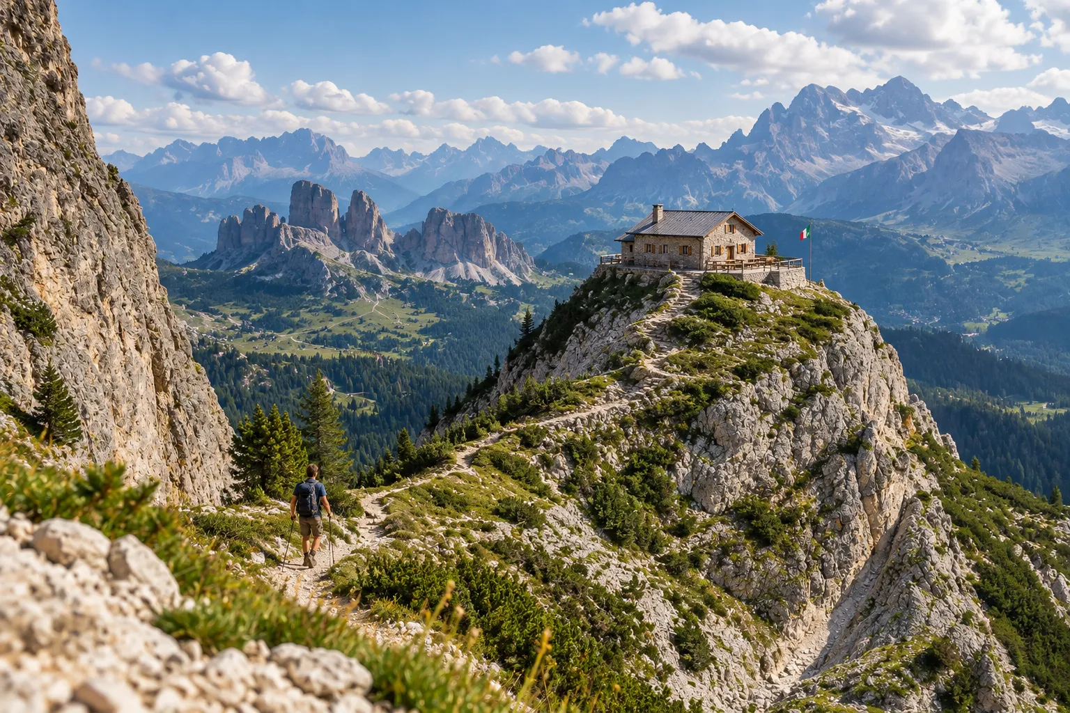 Rifugio Nuvolau on its rock dome above the Cinque Torri