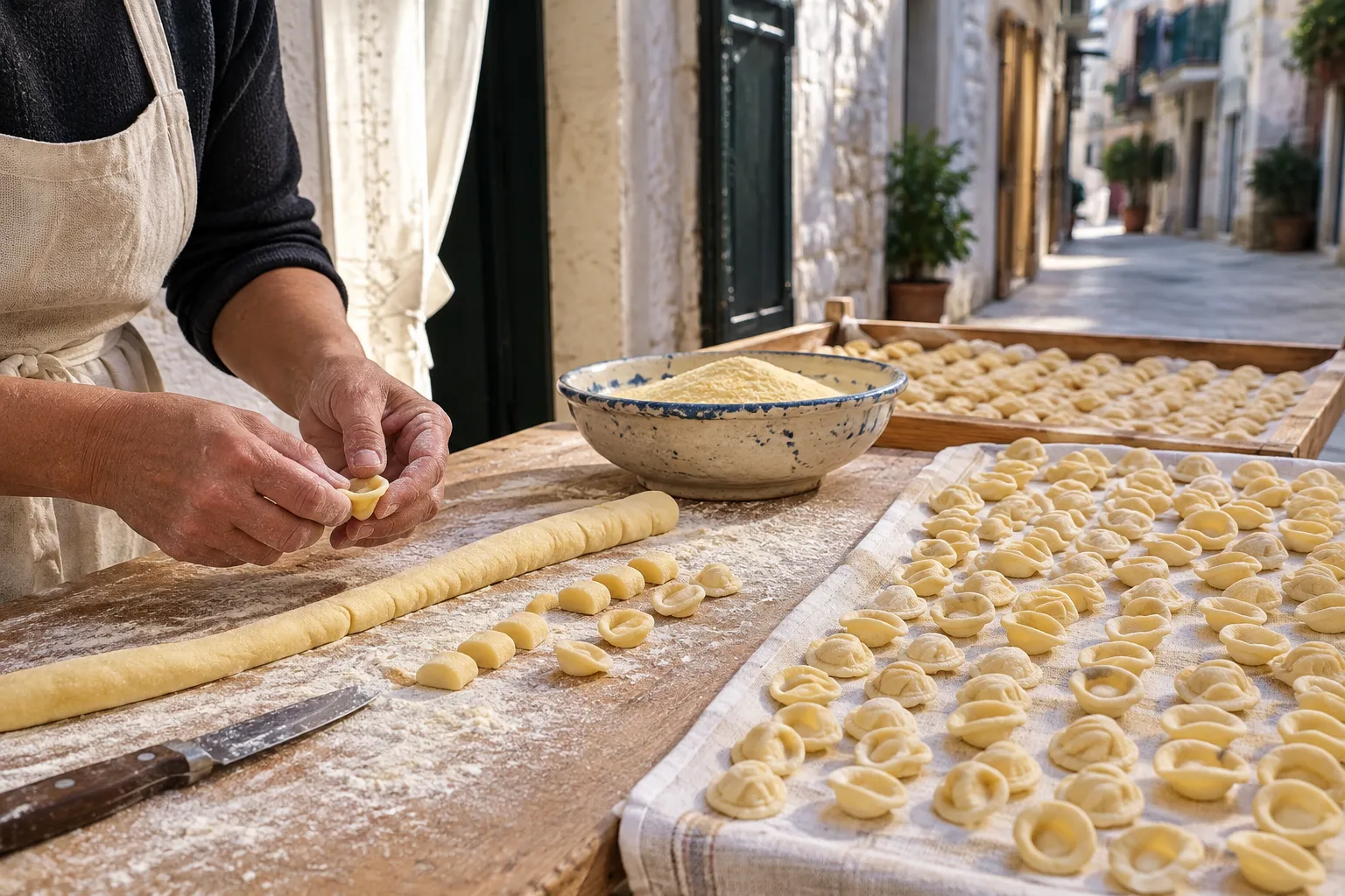 Freshly shaped orecchiette drying on a floured board beside a rope of dough