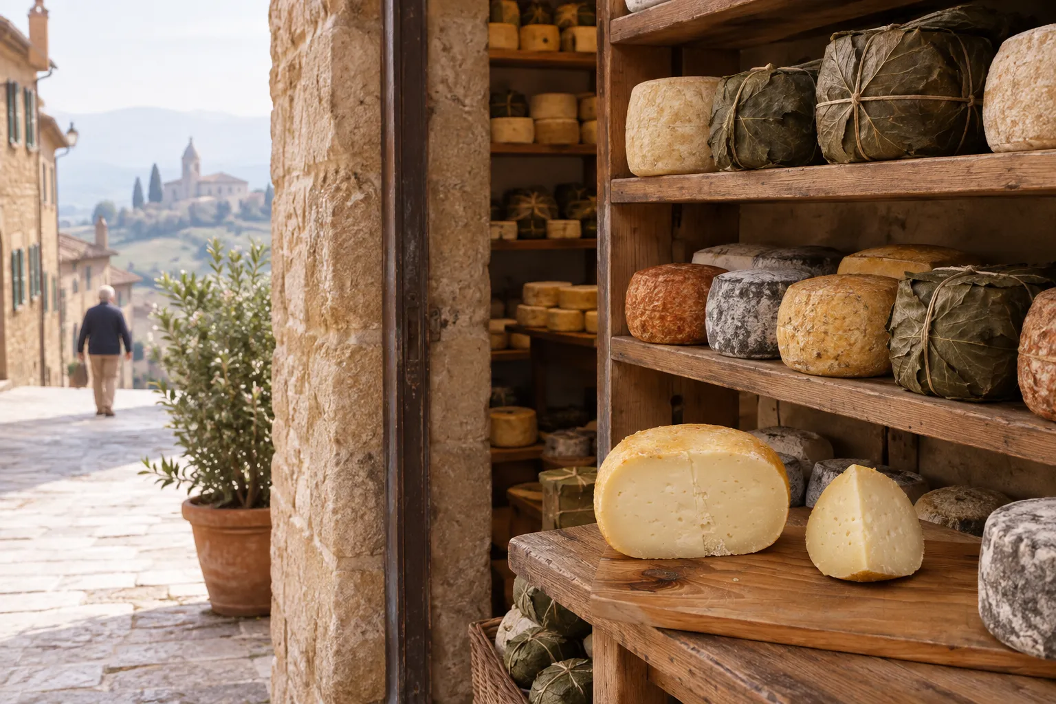 Wheels of pecorino of different ages in a cheese shop in Pienza