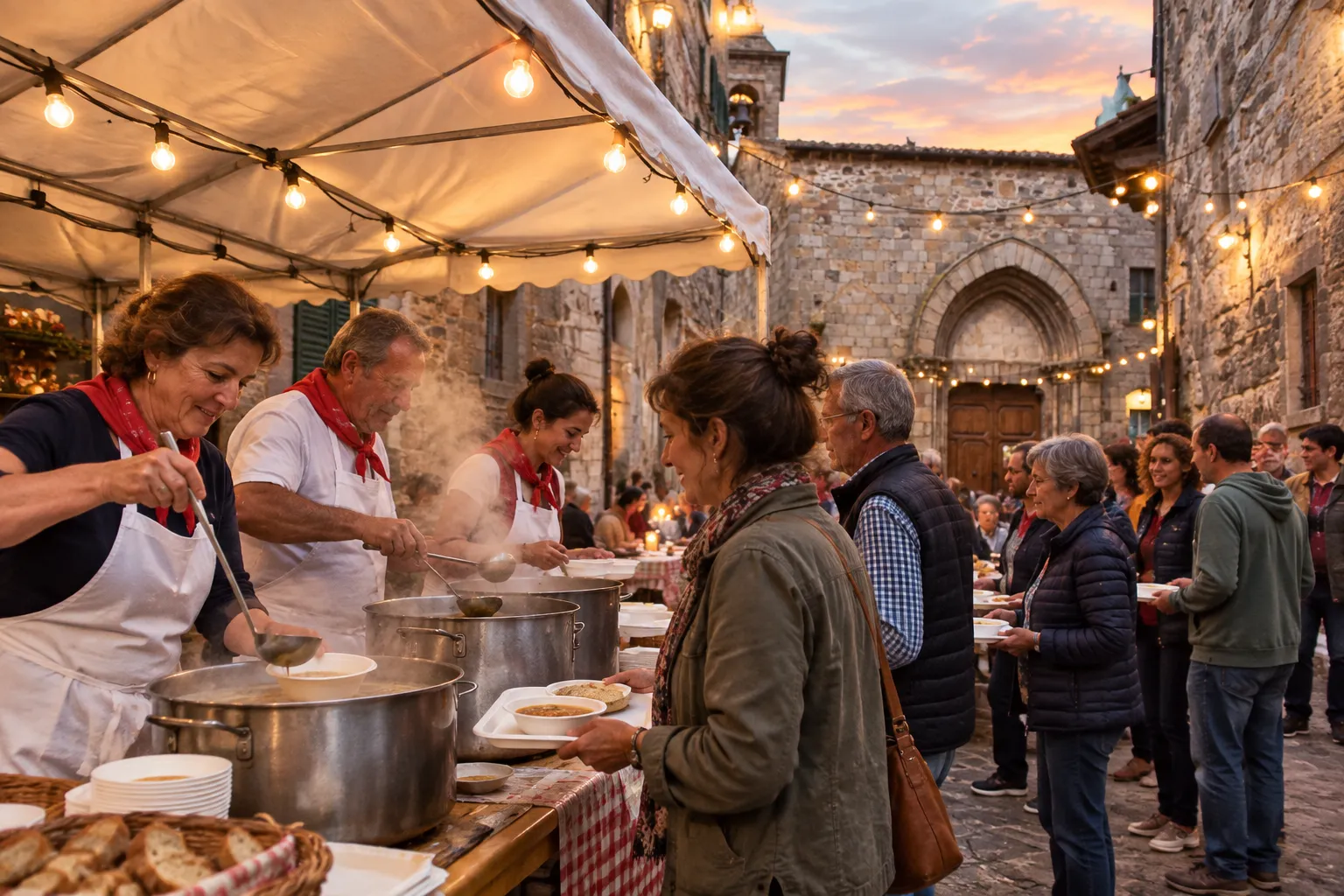 Volunteers ladling soup in the kitchen tent of a village sagra at dusk