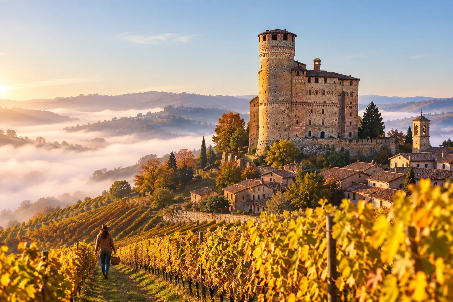 Serralunga d'Alba and its castle above autumn vineyards and valley fog