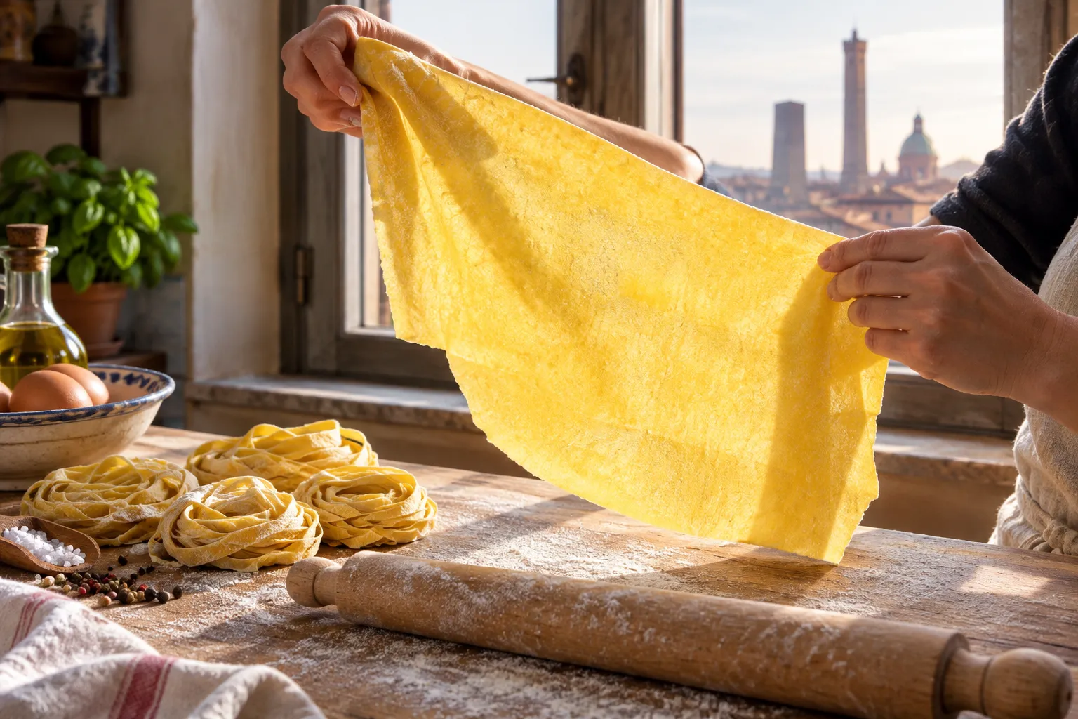 A hand-rolled sheet of egg pasta held up to the window light