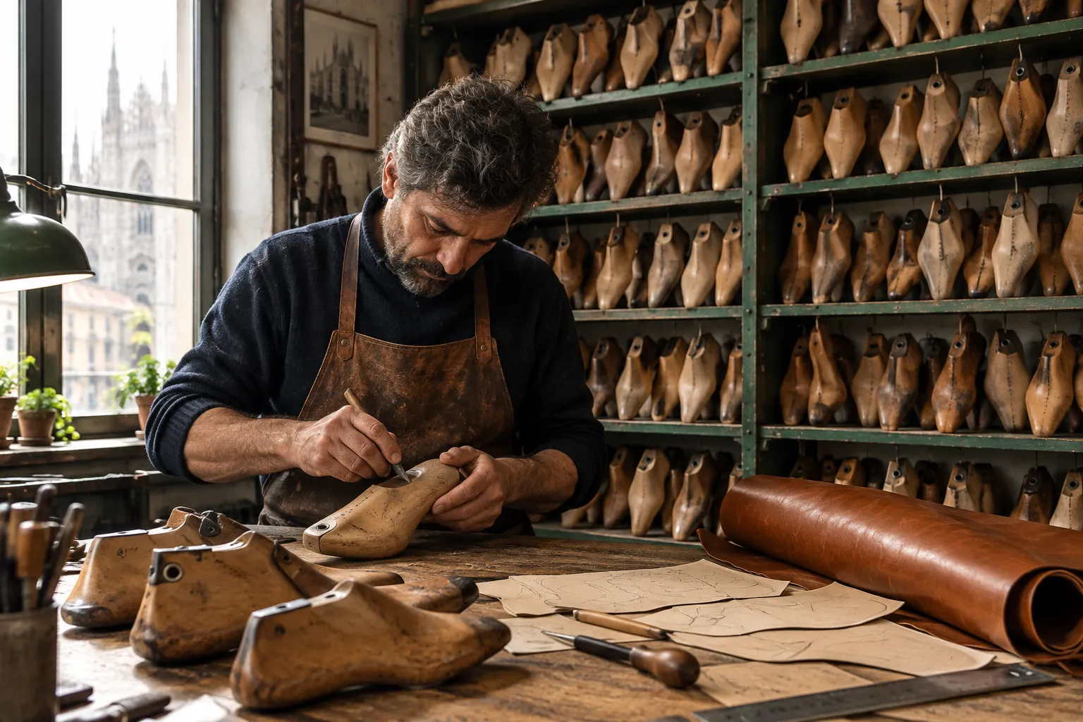 Shelves of wooden shoe lasts in a bespoke shoemaker's room in Milan