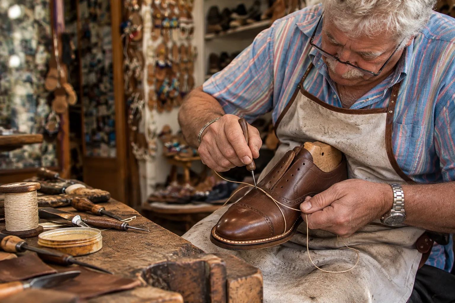 A shoemaker's hands stitching the welt of a brown oxford on its last