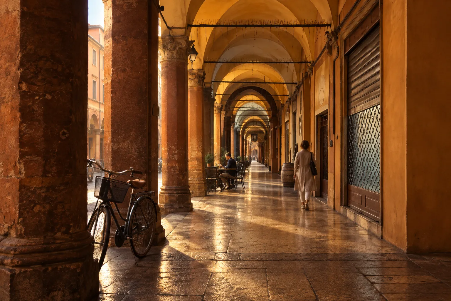 The porticoes of Strada Maggiore in Bologna in the early morning