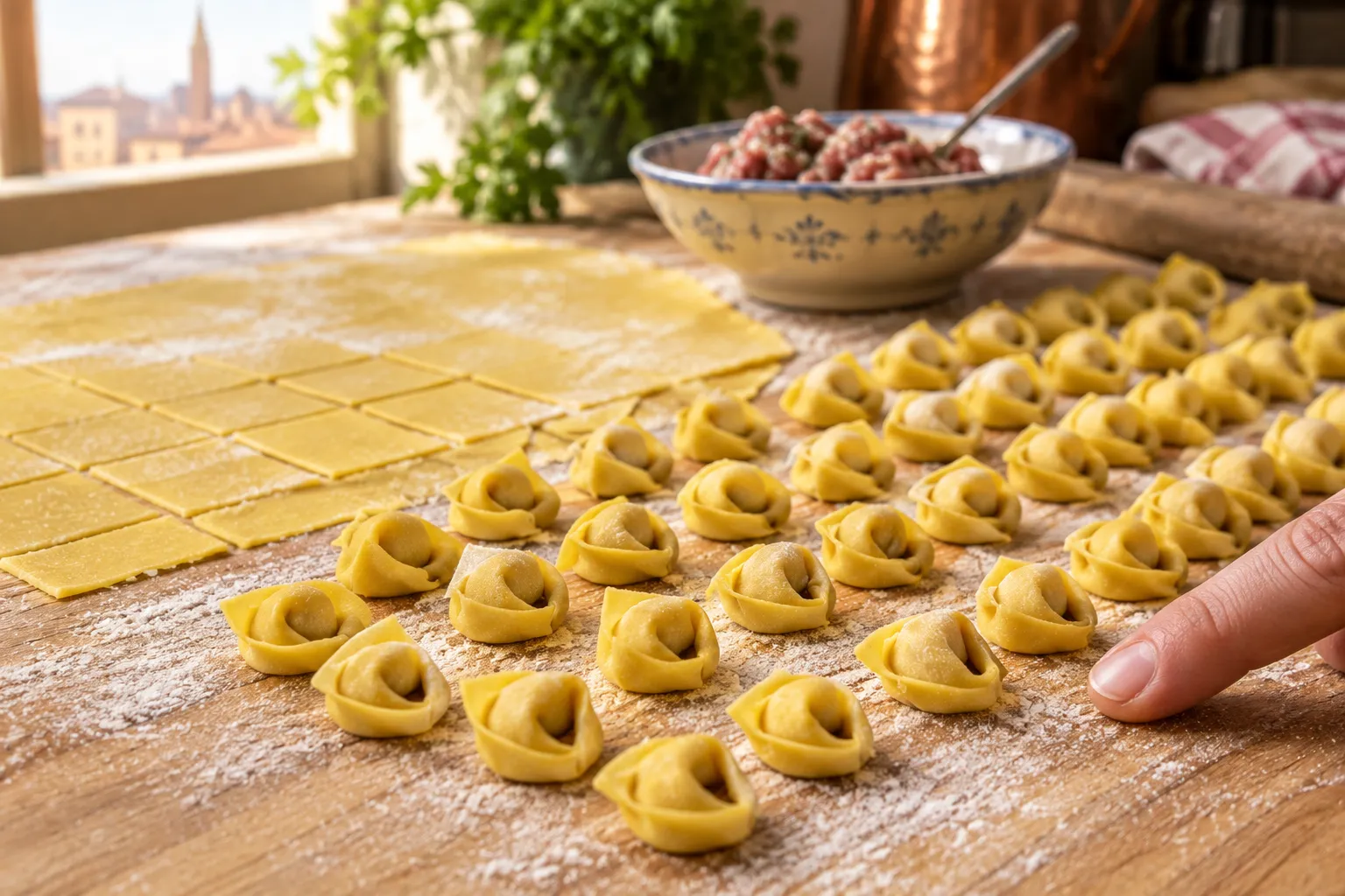 Rows of hand-folded tortellini on a floured board