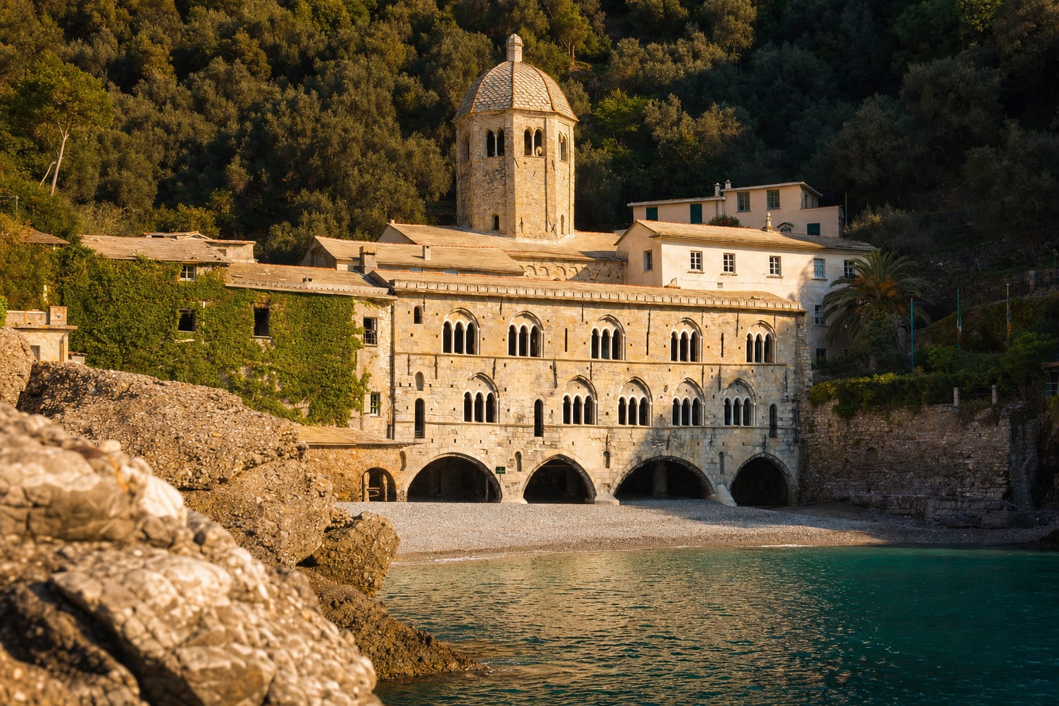The abbey of San Fruttuoso filling its boat-only cove at dusk