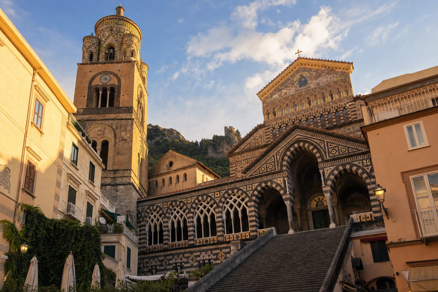 Amalfi Cathedral's striped facade atop its sixty-two steps