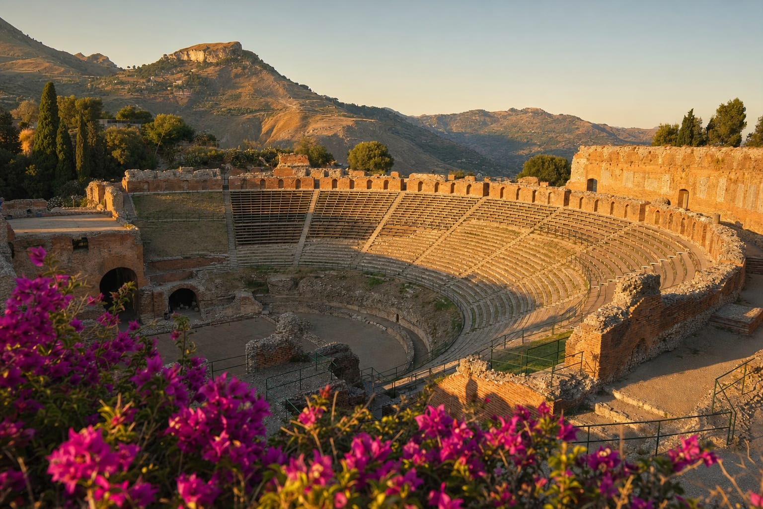Taormina's ancient theatre opening toward Etna through its broken scaena
