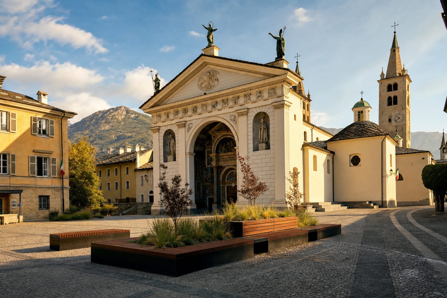 Aosta Cathedral's neoclassical facade and twin medieval towers at dusk