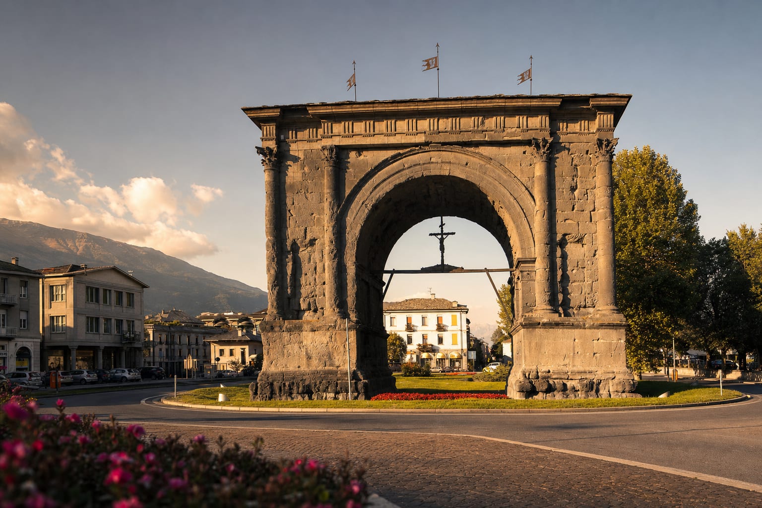 The Arch of Augustus at the entrance to Aosta, standing since 25 BC