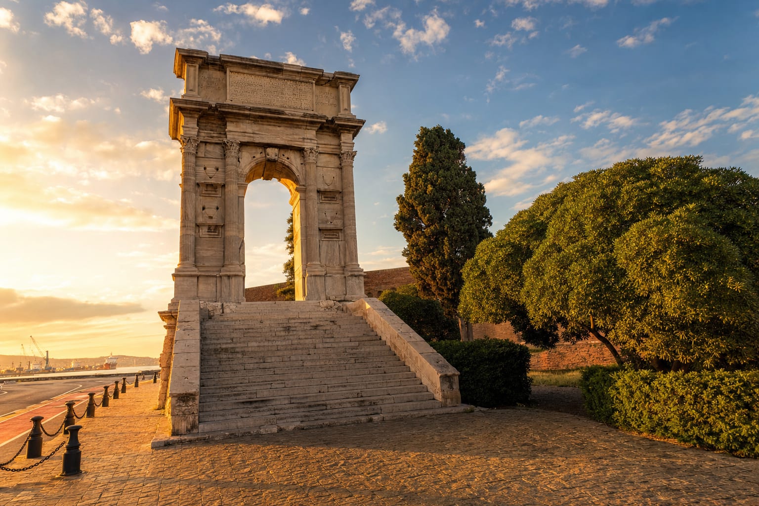 Trajan's slender arch on Ancona's harbor mole at dusk