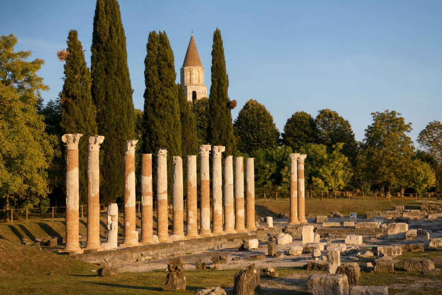 The re-erected forum columns of Roman Aquileia beneath its basilica campanile