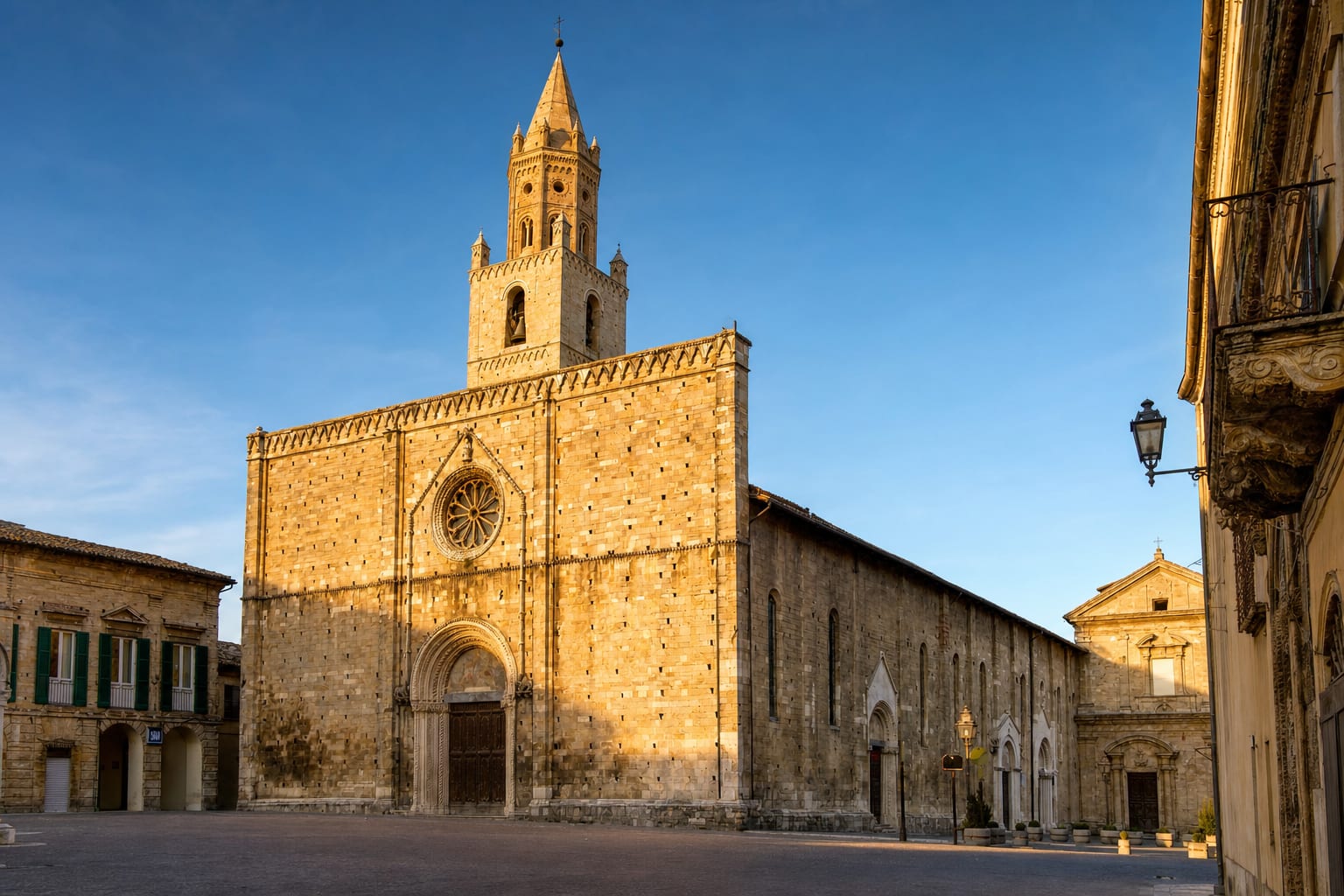 Atri Cathedral's stone front and crowned campanile, Abruzzo