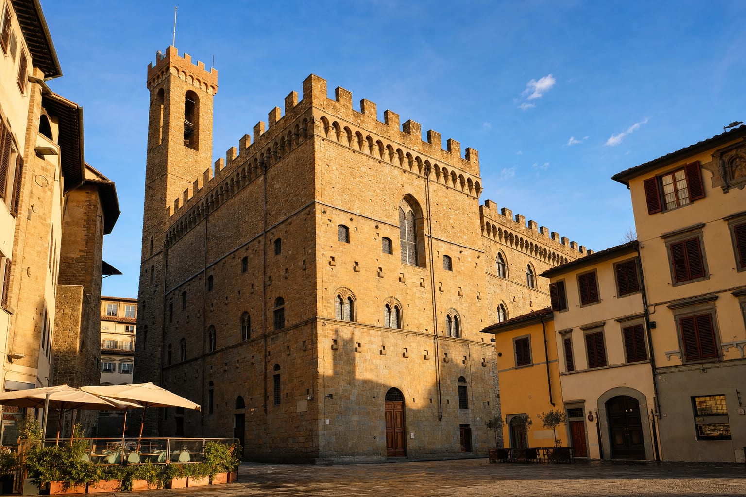 The fortified Bargello and its tower in evening light, Florence