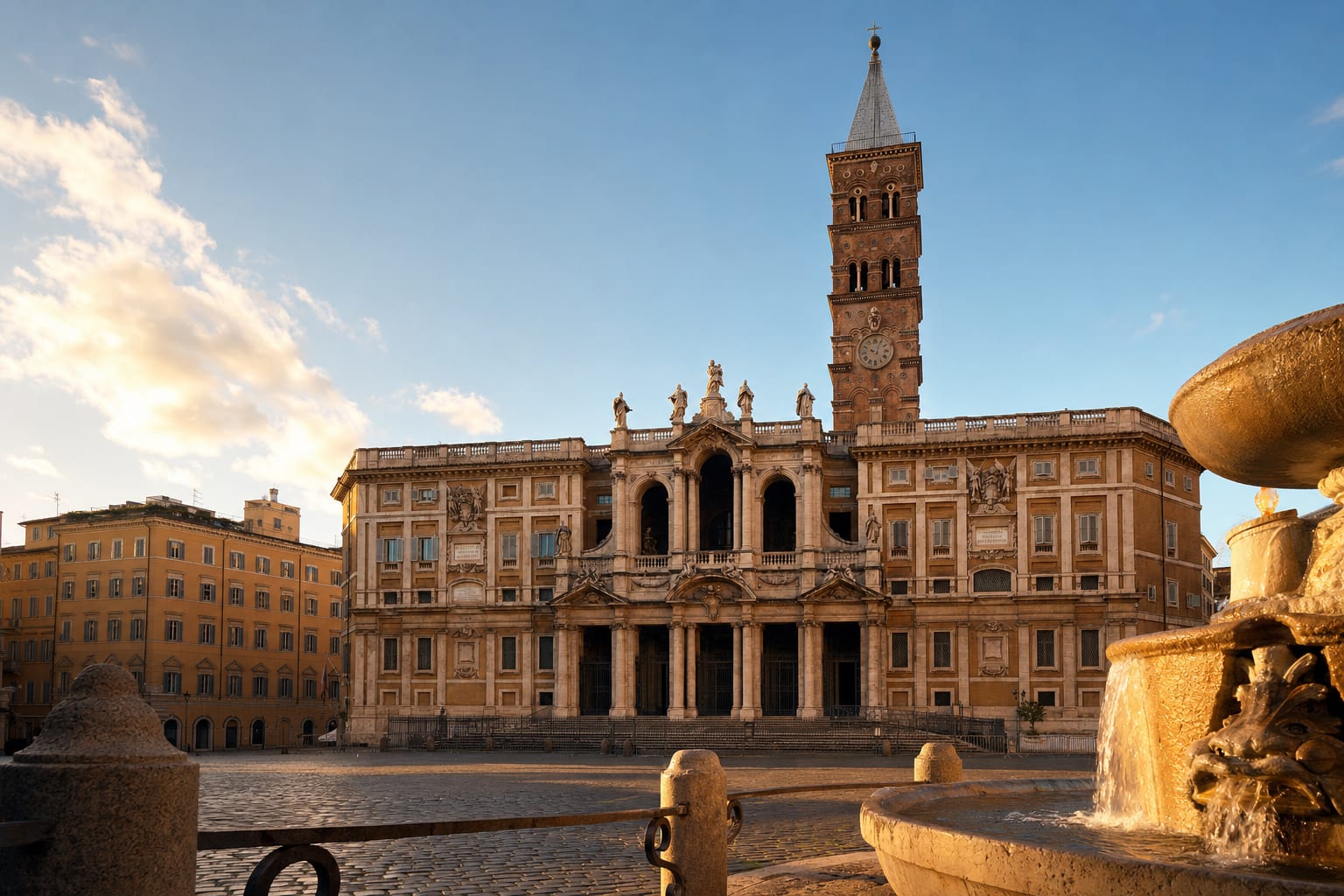 Santa Maria Maggiore's loggia and Rome's tallest campanile at dusk