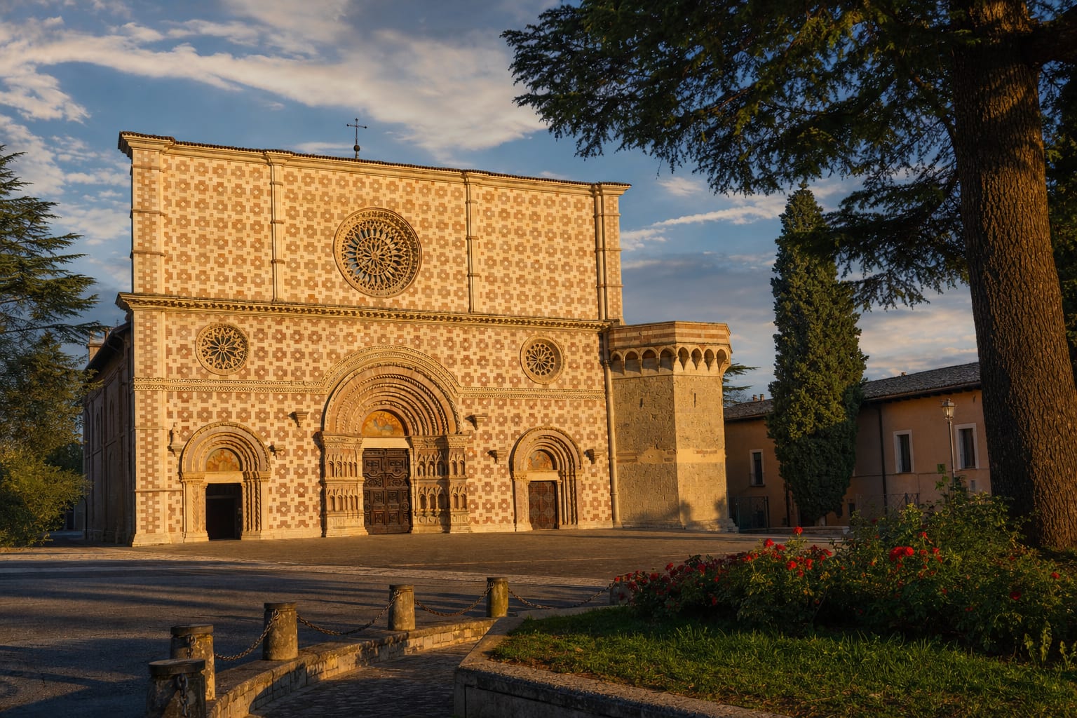 The pink and white checkerboard facade of Collemaggio basilica, L'Aquila