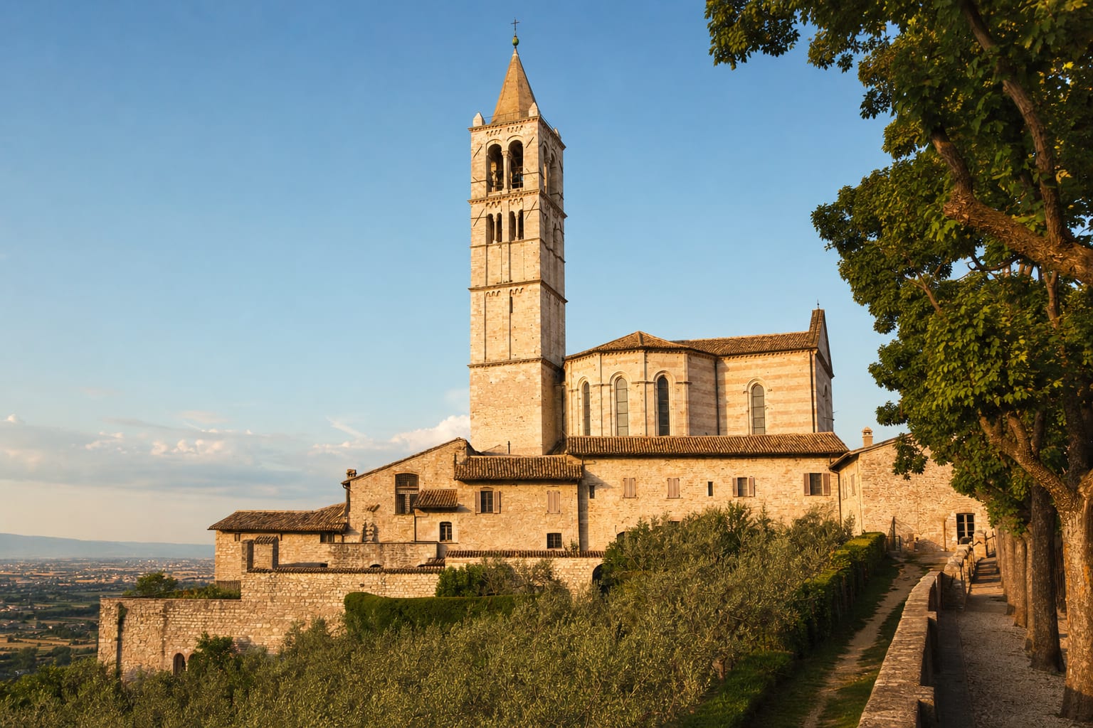 The Basilica of Santa Chiara on Assisi's edge above the Umbrian plain