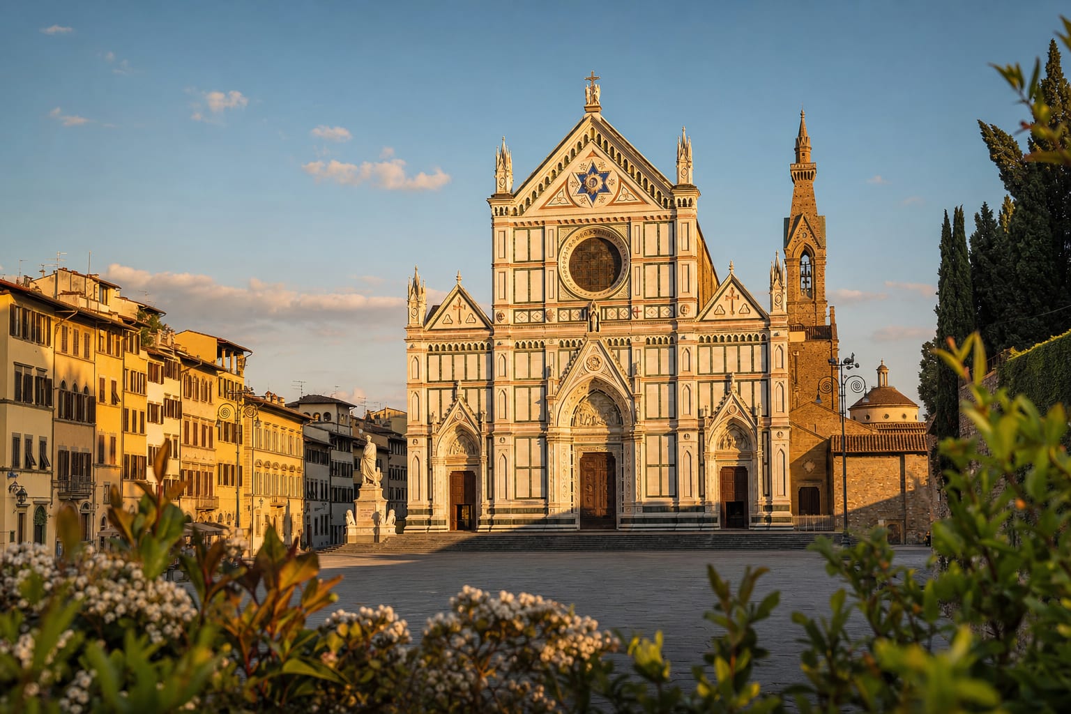 Santa Croce's marble facade and campanile in evening light, Florence