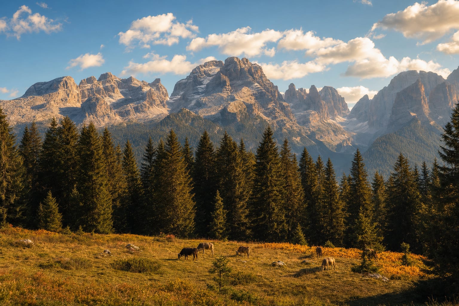 The Brenta Dolomites' towers above larch meadows near Campiglio