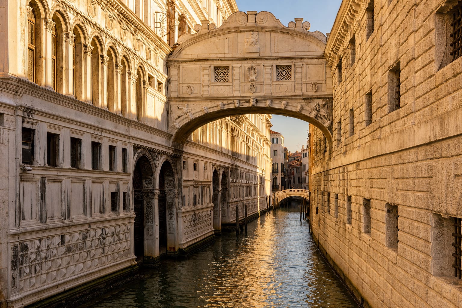 The Bridge of Sighs spanning its canal between palace and prison, Venice