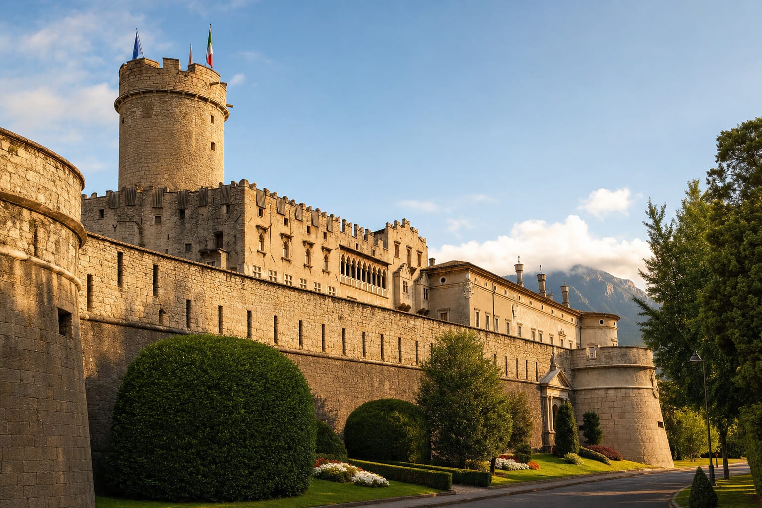 The round tower and battlements of Buonconsiglio Castle, Trento