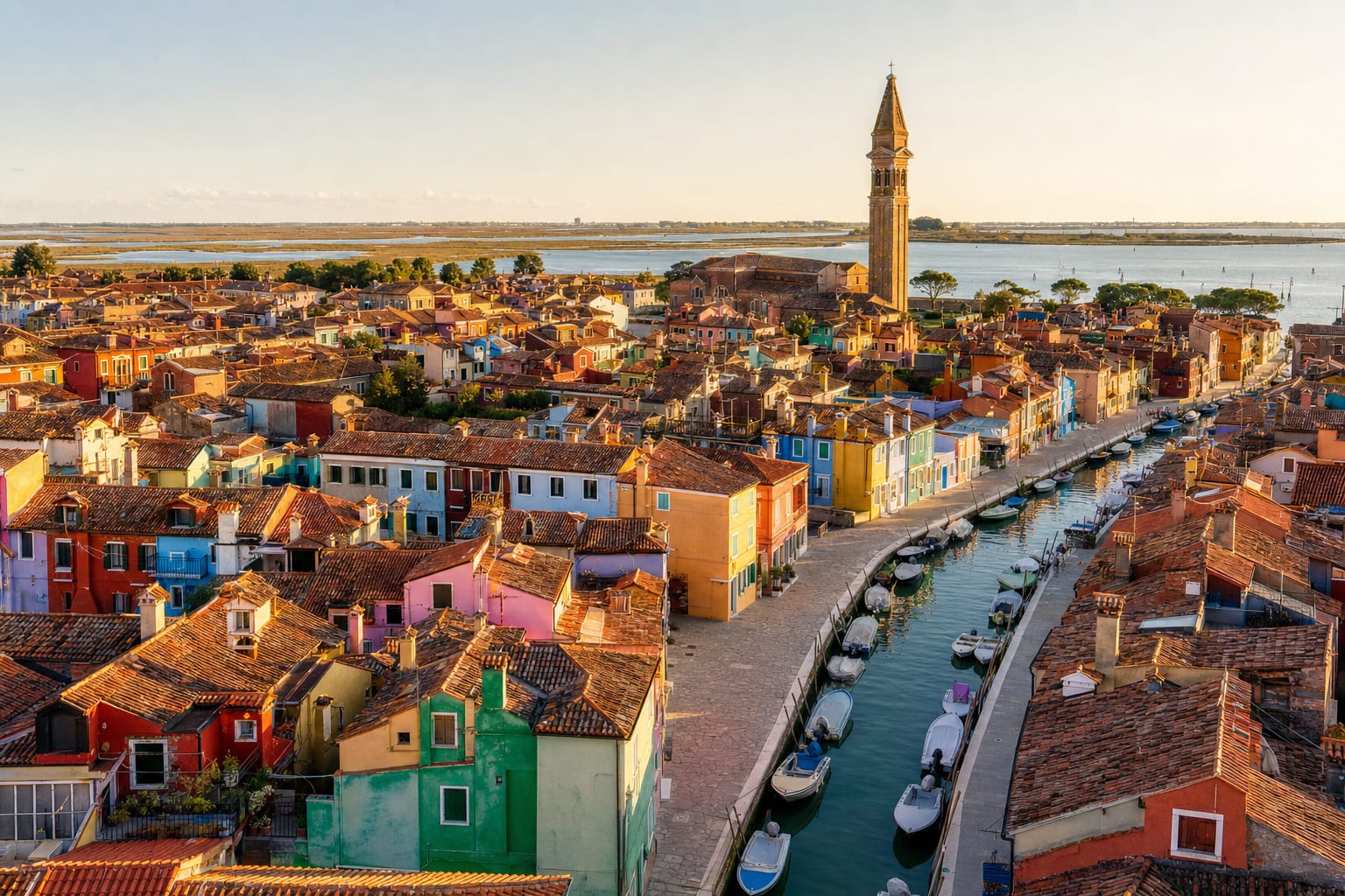 Burano's painted canal beneath its leaning campanile