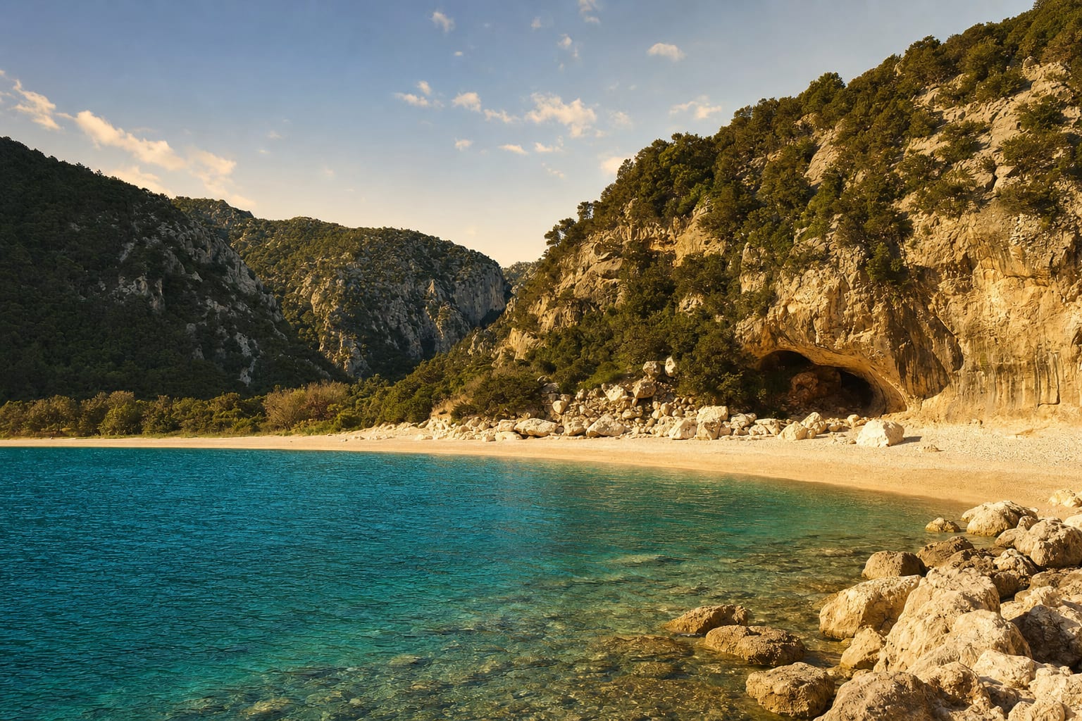 The crescent sand and shoreline caves of Cala Luna on the Gulf of Orosei